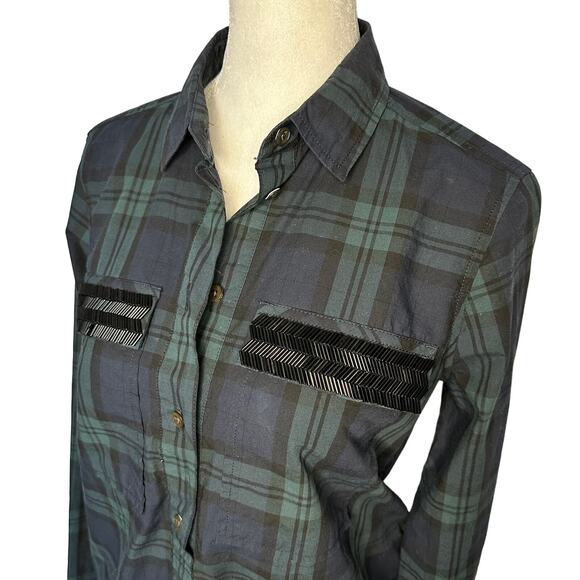 J.Crew Blue Black Flannel Plaid Beaded Quarter Button Down Shirt 0 / XS - Picture 2 of 7